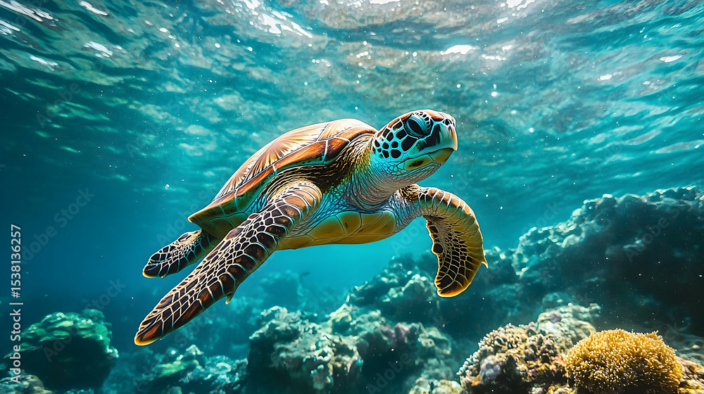 Fototapeta premium A sea turtle swims gracefully through the coral reef.