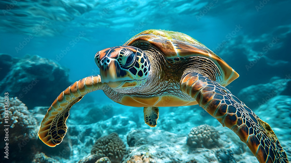 Fototapeta premium A sea turtle glides gracefully through the vibrant coral reef.
