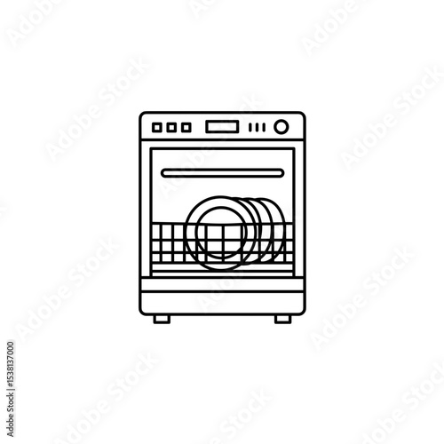Outline of dishwasher with clean dishes inside  