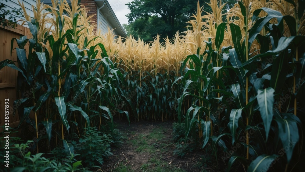 Obraz premium Thickets Of Corn In Garden In Backyard On Summer Day