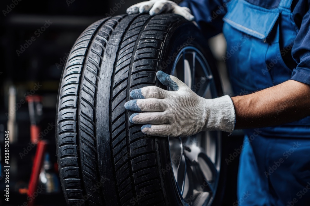 Fototapeta premium Close-up of a mechanic in uniform and gloves handling a brand new car tire with alloy wheel inside a service garage.