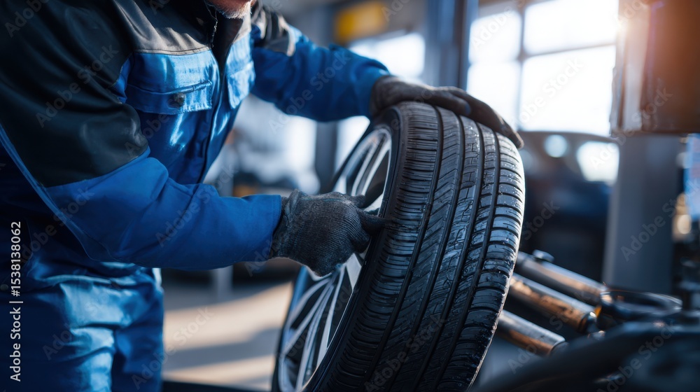 Fototapeta premium Close-up of a mechanic in uniform and gloves handling a brand new car tire with alloy wheel inside a service garage.