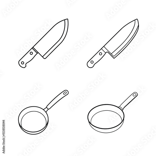 Monochrome vector illustration of kitchen knives and frying pans for culinary concepts