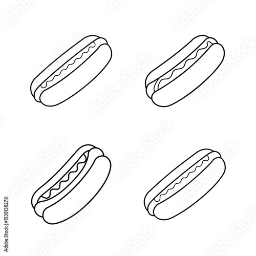 Four outline illustrations of hot dogs arranged to create a pattern or seamless design