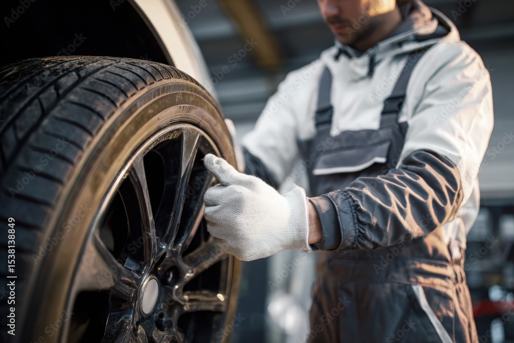 Fototapeta premium Close-up of a mechanic in uniform and gloves handling a brand new car tire with alloy wheel inside a service garage.