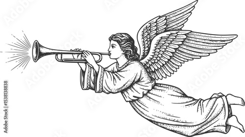 Christmas Angel flying and trumpet on pipe. Religious holiday. Hand drawn illustration in vintage engraving style

