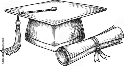 Graduation cap with tassel and rolled diploma. Mortarboard and Degree. Sketch illustration
