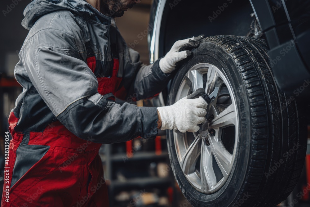 Fototapeta premium Close-up of a mechanic in uniform and gloves handling a brand new car tire with alloy wheel inside a service garage.