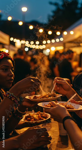 Diverse friends enjoying steaming hot street food at a vibrant night market. People eating and sharing a meal under warm string lights. Concept of community, friendship, social gathering.