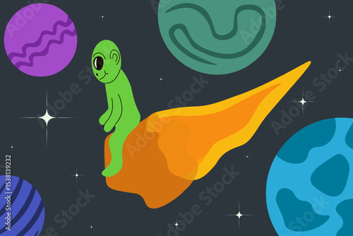 Cosmic kids art. Vector illustration alien on the burning comet in space. Colorful cosmic banner. Ideal child book copybook cover room interior wall design. EPS 10