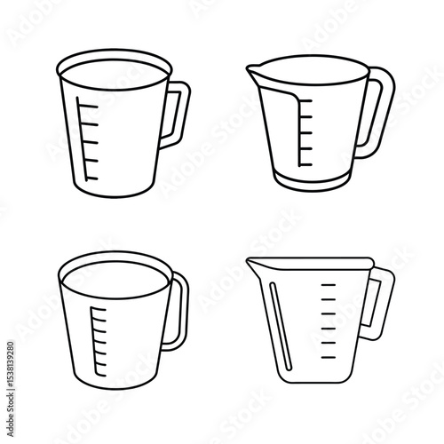 Set of black and white outlined measuring cups with different styles for kitchen and baking