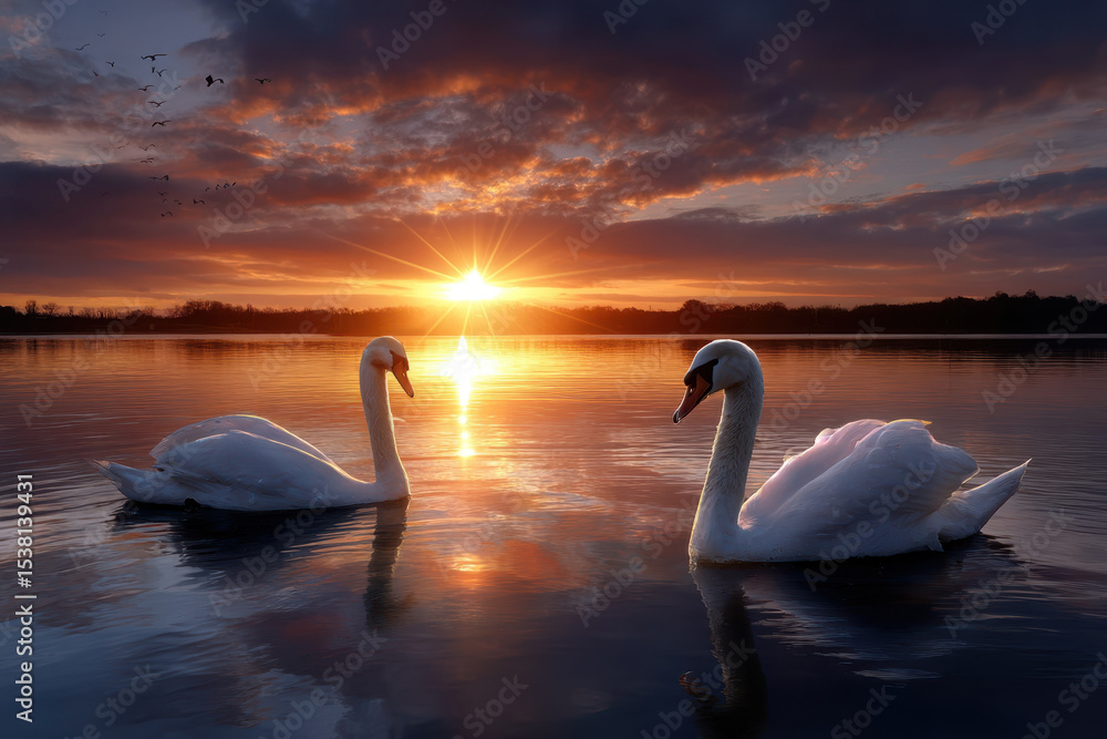 Naklejka premium Swans glide on tranquil lake at sunset with stunning colors