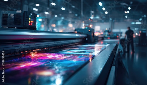 Industrial large-format printing in action. Colorful prints are being processed on a wide-format printer in a modern factory setting