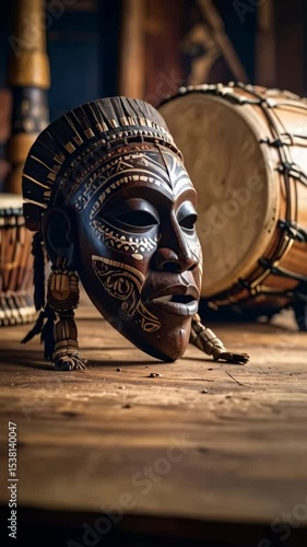 Intricate African wooden tribal mask with geometric patterns and traditional drums displayed on a rustic wood surface