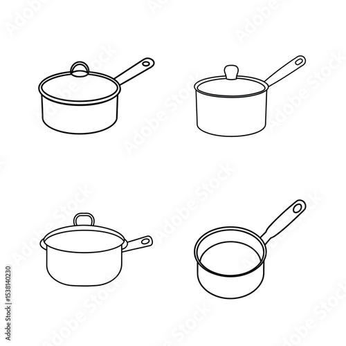 Set of simple outlined kitchen sauce pans with different lid styles and open shape