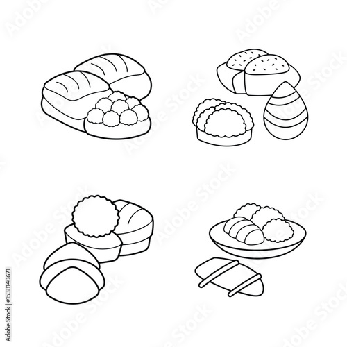 Vector illustration of various asian desserts including rice cakes and sweet dumplings in outline
