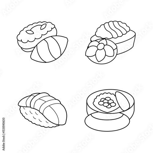 Outlined illustration of four different sushi and maki roll varieties in black and white