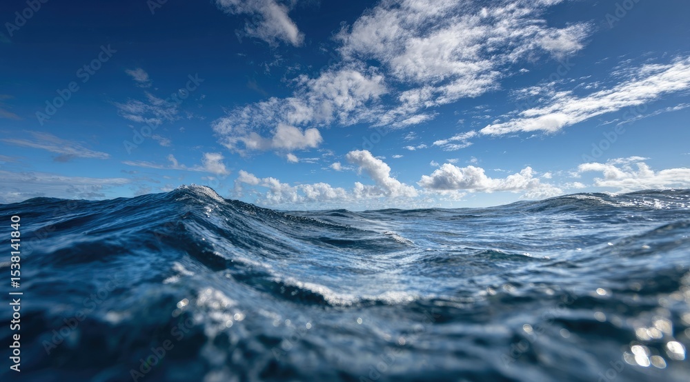Fototapeta premium Ocean waves rolling under a vibrant blue sky filled with fluffy white clouds. The perspective is from a low vantage point, near the water's surface