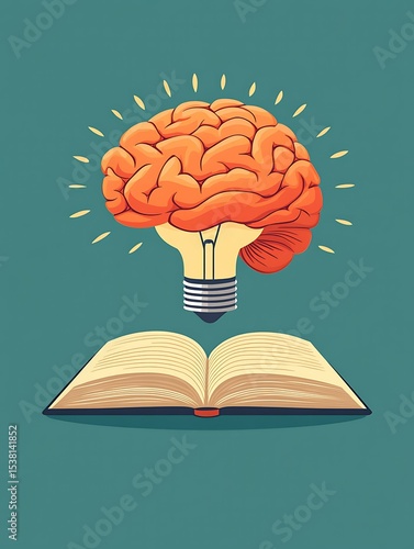 human brain and bulb, a flat design vector art illustration of a stylized human brain with a minimalist light bulb icon integrated, Innovation and Ideas Learning and Knowledge