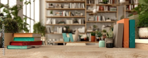 A shallow depth of field image shows a wooden surface in the foreground with a stack of colorful books, a small potted succulent, and several other books standing upright.  