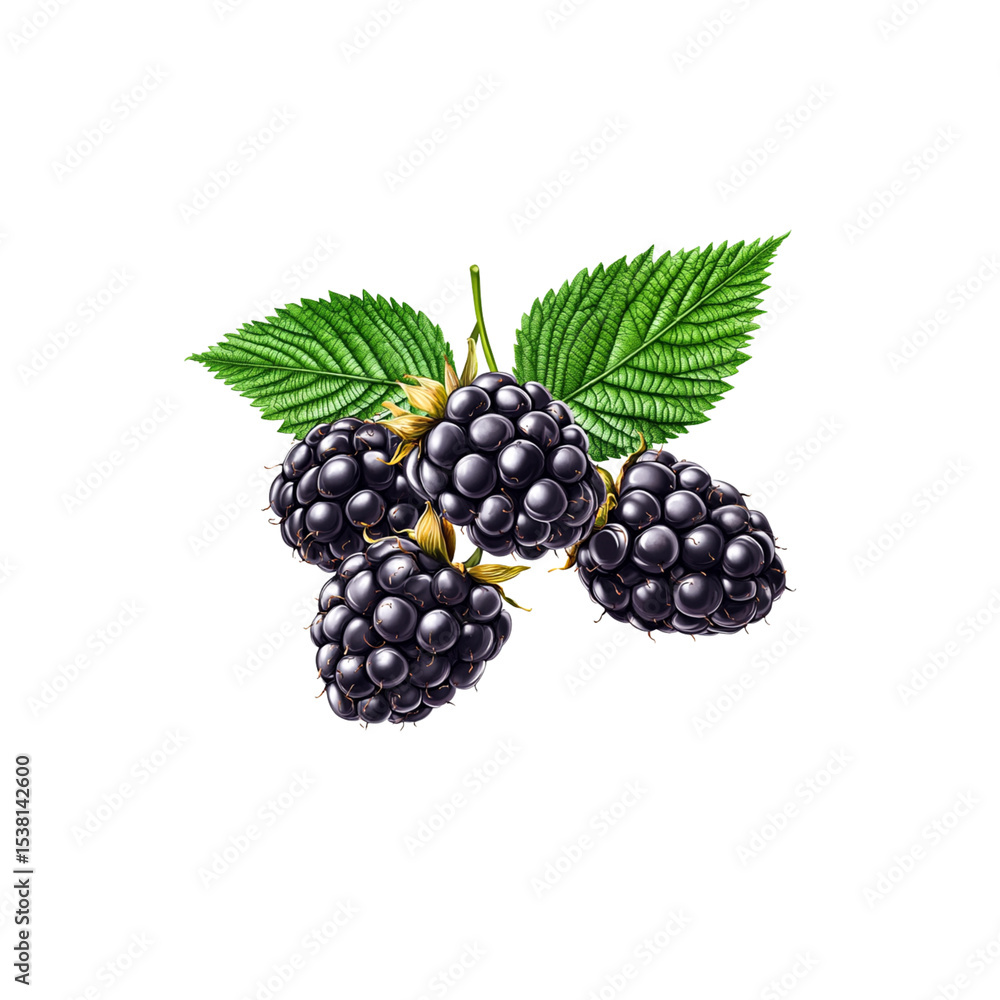 Fototapeta premium Blackberry on white background, blackberry with leaf, blackberry with leaves, fruit, grape, food, isolated, berry, blackberry, ripe, black, white, grapes, fresh, sweet, healthy, bunch, dessert, green,
