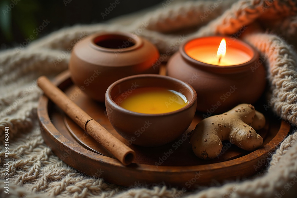 Fototapeta premium Ayurvedic self-care setup for Vata balance featuring warm sesame oil, ginger tea, burning cinnamon candle, sandalwood stick, clay pot on wooden tray, soft wool blanket, cozy earthy tones.