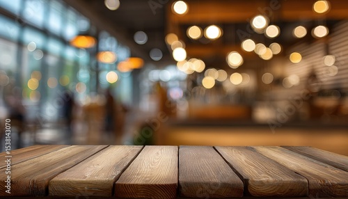 A close-up of a rustic wooden table, sharply in focus, set against a blurred background of a brightly 