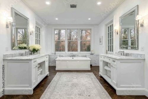 Wallpaper Mural Luxurious master bathroom with white cabinetry, marble countertops, freestanding tub, and large windows overlooking trees Torontodigital.ca