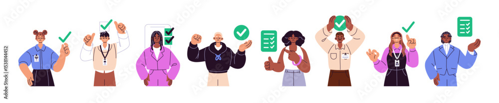 Set of people with completed tasks. Men and women with done goals in checklist with checkboxes. Happy characters are planning successfully work schedule. Flat isolated vector illustration on white Set of people with completed tasks. Men and women with done goals in checklist with checkboxes. Happy characters are planning successfully work schedule. Flat isolated vector illustration on white
