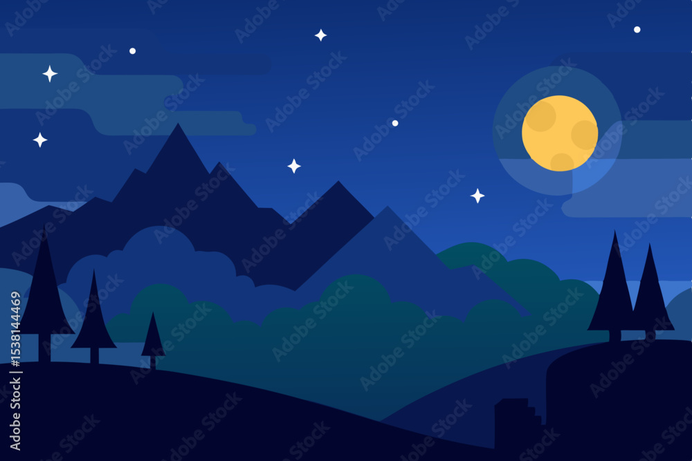 Fototapeta premium Nighttime mountain lake landscape illustration