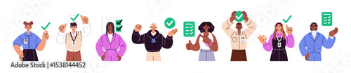 Set of people with completed tasks. Men and women with done goals in checklist with checkboxes. Happy characters are planning successfully work schedule. Flat isolated vector illustration on white