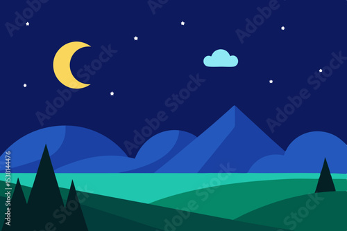 Nighttime mountain lake landscape illustration