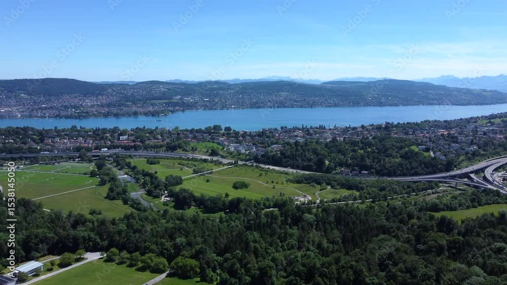 Lake Zurich seeing from the distance. Aerial view at day time Lake Zurich seeing from the distance. Aerial view at day time