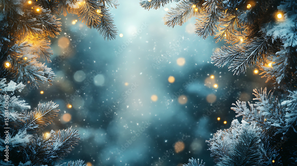 A enchanting christmas background with snow-dusted pine branches framing a magical central glow and soft, shimmering bokeh lights, ideal for holiday designs A enchanting christmas background with snow-dusted pine branches framing a magical central glow and soft, shimmering bokeh lights, ideal for holiday designs