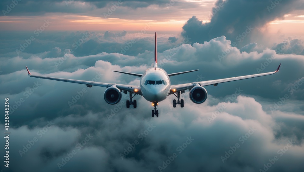 Obraz premium Airplane in the sky with clouds, Passenger Airliner flying through clouds, aircraft is in flight.