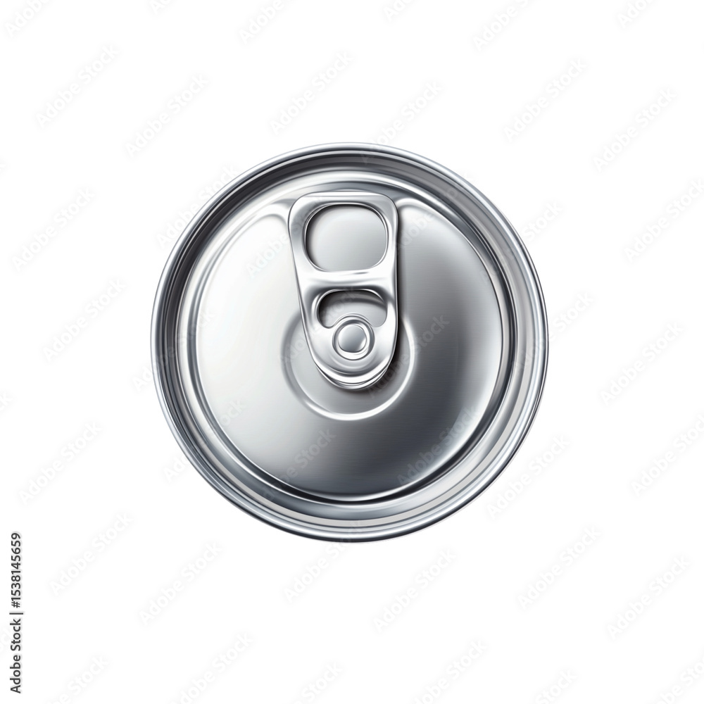 Top view of an isolated shiny metal can of soda or beer, a cold aluminum beverage container with a ring pull lid Top view of an isolated shiny metal can of soda or beer, a cold aluminum beverage container with a ring pull lid