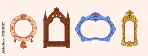 Vintage mirror borders set. Ornate gold frames different shapes, antique decorations. Empty medieval ornamented forms for paintings, photos in baroque style. Flat isolated vector illustrations