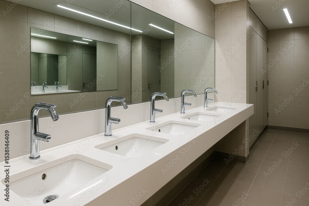 Luxurious Modern Public Restroom with Clean White Sinks and Chrome Faucets Commercial Design Hygiene Concept Luxurious Modern Public Restroom with Clean White Sinks and Chrome Faucets Commercial Design Hygiene Concept