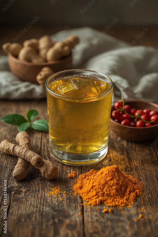 Fototapeta premium Rustic wooden table with clear glass of warm golden Ayurvedic drink, surrounded by turmeric powder, ashwagandha roots, fresh amla berries, and soft natural light creating calm wellness mood.