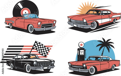 Classic Car Collection Red Black Vintage Vehicles Vinyl Record Gas Pump Checkered Flag