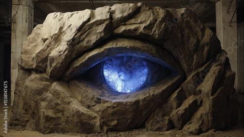 Massive stone sculpture with glowing eye showcased in underground location during nighttime