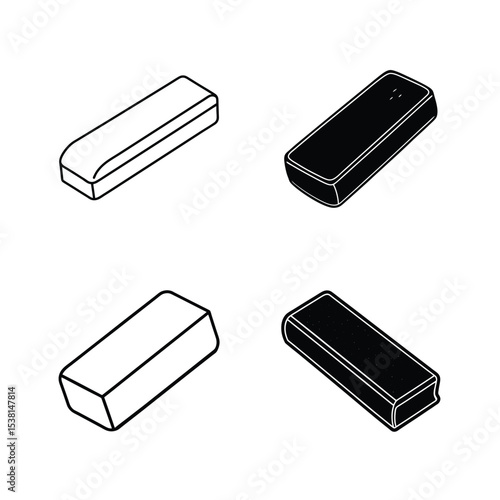 Isometric illustration of eraser shapes in outlined and solid black filled styles