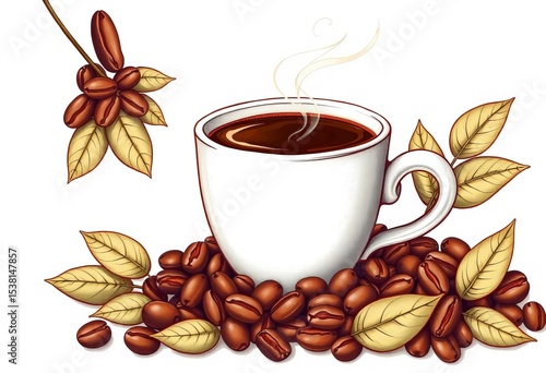 Intricate hand-drawn coffee beans, steam, cup, & leaves,  still life,  rustic