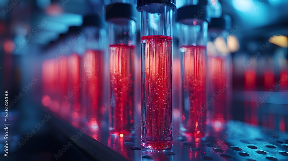 Rows of test tubes filled with a reddish liquid. Rows of test tubes filled with a reddish liquid.
