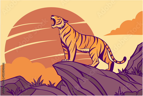 A majestic tiger standing on a rocky outcrop, roaring fiercely as the sun sets behind it. The orange and purple hues of the sunset .