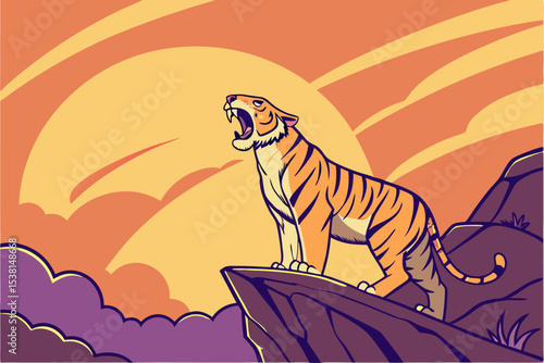 A majestic tiger standing on a rocky outcrop, roaring fiercely as the sun sets behind it. The orange and purple hues of the sunset .