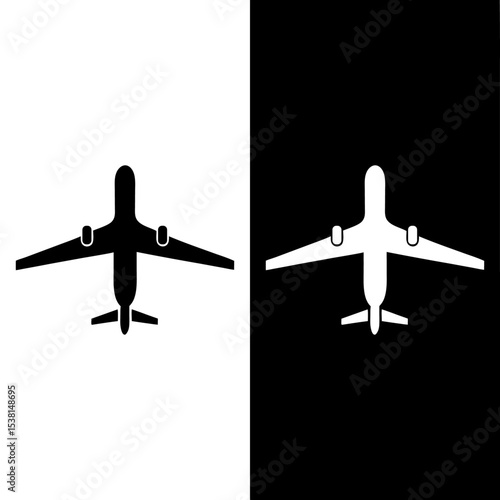 Airplane icon in black and white with contrasting backgrounds depicting duality concept