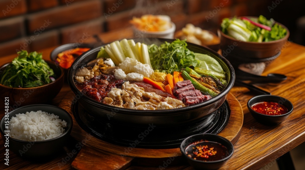 A rustic dining scene featuring a large hot pot filled with assorted ingredients, with a side of rice, dipping sauces, and a warm ambiance perfect for a group meal. A rustic dining scene featuring a large hot pot filled with assorted ingredients, with a side of rice, dipping sauces, and a warm ambiance perfect for a group meal.
