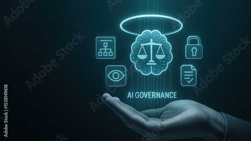 Wallpaper Mural Businessman hand holding glowing icons of ai governance with holographic lights, symbol of tech responsibility, concept of ai ethics, governance, legal future Torontodigital.ca