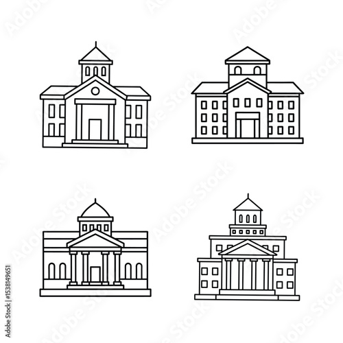 Line art illustrations of various government buildings and classical architecture designs